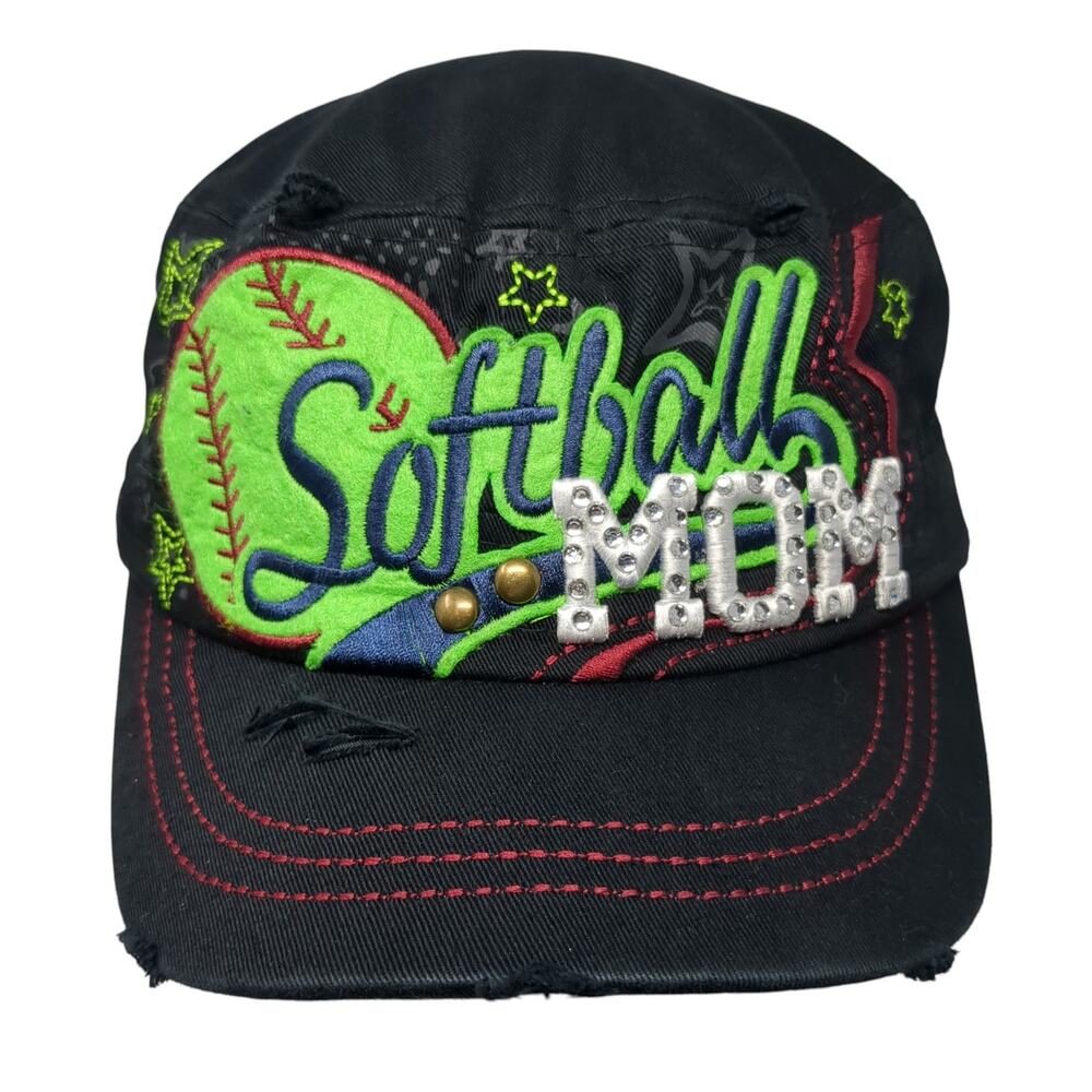 Softball Mom Slideback Cadet Army Cap Hat Black One Size Leader Studded